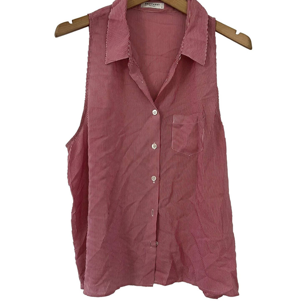 Equipment Femme White & Red Micro Stripe Sleeveless Button Down Blouse Large EUC - Picture 1 of 8